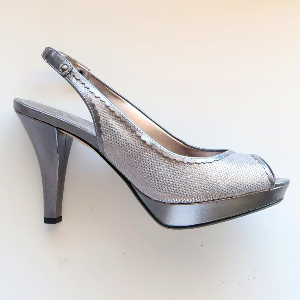Anne Klein Silver Leather Leather Peep Toe Sling-back Platform Heels Pumps Shoes - Picture 9 of 16